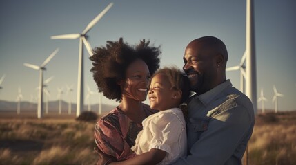 A happy young family with a child are standing near the wind turbines at sunset. Renewable environmentally friendly electric energy in nature, a power plant in the field. - obrazy, fototapety, plakaty