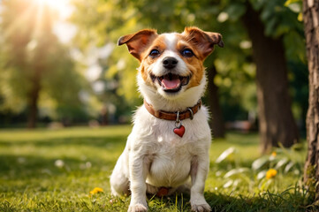 Funny Small Jack Russell terrier doggy sitting with tongue out on grass lawn in park, outdoors. Playful little Jack Russell terrier dog playing posing in nature. Pet love concept. Copy ad text space - obrazy, fototapety, plakaty