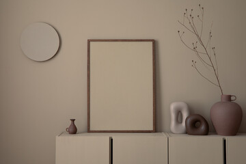 Minimalist composition of cozy living room interior with mock up poster frame, brown sideboard,...