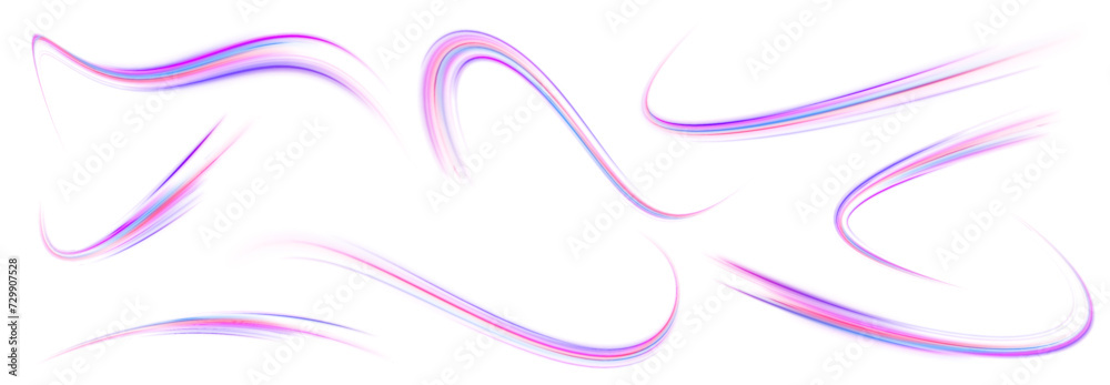 Fototapete Set of neon speed lines on transparent background PNG. Big data traffic visualization, dynamic high speed data streaming traffic.	