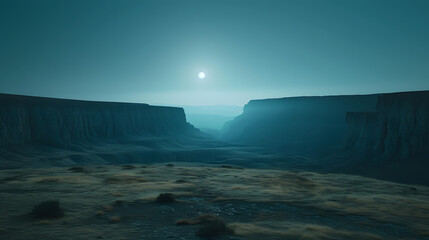 An otherworldly canyon, with deep shadows as the background, during a mysterious moonlit night