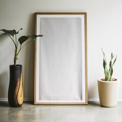 vertical frame resting on a floor against a wall, simple mockup. - obrazy, fototapety, plakaty