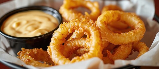 Battered onion rings and cheese sauce in a basket.