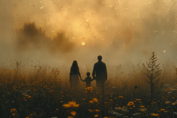 A family picnic scene, edited to appear like an old photograph with soft, muted colors. Concept of...