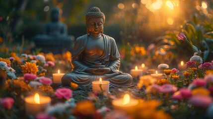 Buddha's Enlightened Garden A Serene Meditation Space for Mindfulness and Well-being Generative AI - obrazy, fototapety, plakaty