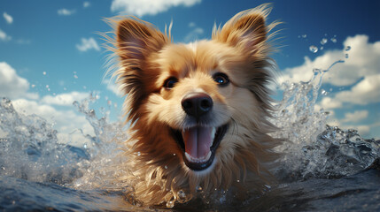 A_happy_Dog_jumps_from_the_ocean_to_the_sky_in_the - obrazy, fototapety, plakaty