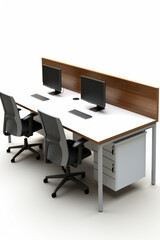 Naklejka premium Desk with two monitors and keyboard on it and chair.