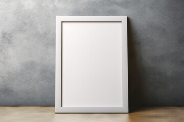 White frame on wooden table with gray wall behind it.