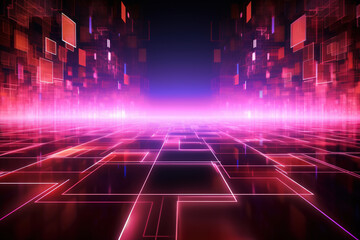 Abstract futuristic background with pink neon lights. IT, cyberspace, computer data transfer. Perfect for technology and cyber concepts. Virtual reality, artificial intelligence.