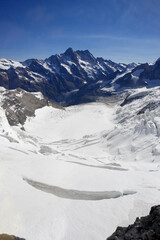Obraz premium The Ischmeer Glacier, and beyond, the Schreckhorn, from the south-east face of the Eiger, Bernese Oberland, Switzerland