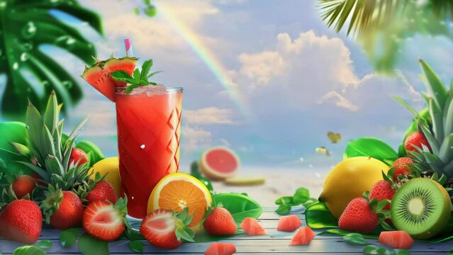 Tropical fresh juice in summer holiday background with beach. Cartoon or anime watercolor painting illustration style. seamless looping 4K time-lapse virtual video animation background