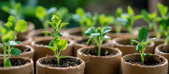 Close-up of sweet pea seedlings sprouting in cardboard toilet roll tubes.