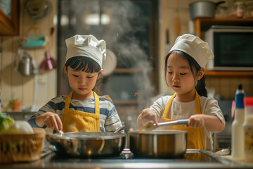 two kids dressed as cooks on a kitchen counter, Food preparation at home.