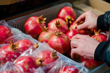 person packaging fresh pomegranates for market sale