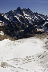 The Ischmeer Glacier with dangerous crevasses, and beyond, the Schreckhorn, from the south-east face of the Eiger, Bernese Oberland, Switzerland