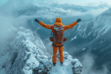 A photograph of a hiker reaching the summit of a towering peak, arms outstretched in triumph, symbolizing the sense of achievement and accomplishment in conquering nature challenges.  Generative Ai.