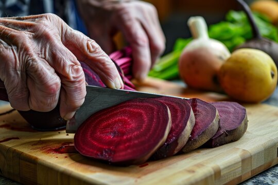 elderly person slicing fresh beets for a nutritious juice