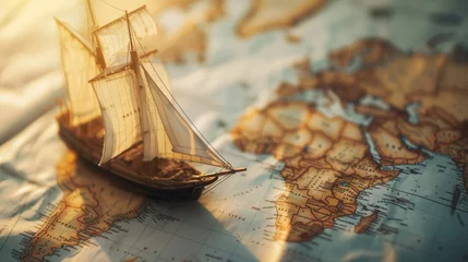  Old sailing ship model on world map , exploration and explorer concept image © Keitma