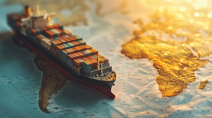 Container ship model on world map , transcontinental transportation or globalization concept image with copy space - obrazy, fototapety, plakaty
