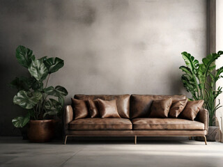 Interior living room wall mockup with leather sofa, decor and plant on concrete wall background.
