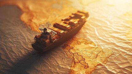 Container ship model on world map , transcontinental transportation or globalization concept image