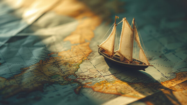 Old sailing ship model on world map , exploration and explorer concept image