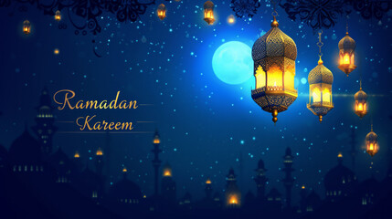 Ramadan banner background with written text Ramadan Kareem - obrazy, fototapety, plakaty