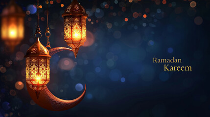 Ramadan Kareem illustration banner background with Islamic Crescent and lantern and written Ramadan Kareem - obrazy, fototapety, plakaty