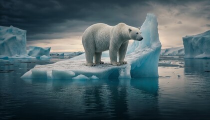 A polar bear stands on a melting glacier.