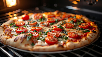 Tasty homemade pizza cooking in an oven at home