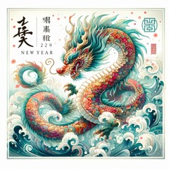 Chinese new year Dragon Water colour illustration, illustration for chinese new year, greeting card, poster. Print on printed materials. Fantasy illustration animal
