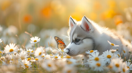 A cute Siberian husky puppy curiously sniffing a colorful butterfly in a field of daisies.