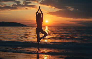 夕暮れの太陽に向かってヨガをする女性