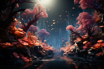 Fototapeta premium A photograph capturing a dreamy, underwater world where schools of neon-colored fish swim through a forest of coral shaped like whimsical, oversized trees. Generative Ai.