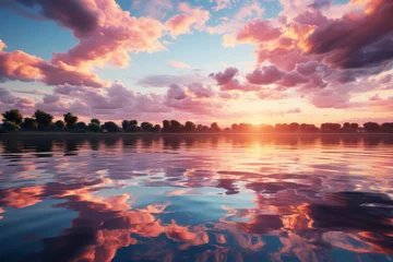 Keuken foto achterwand Reflectie A photograph capturing a serene lake where water turns into liquid crystal, reflecting a sky filled with fluffy, pastel-colored clouds. Concept of reflective pastel waters. Generative Ai.