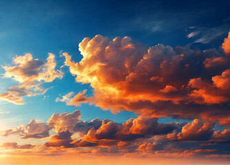 Naklejka na ściany i meble Panorama of sunset blue sky with orange fluffy clouds, atmospheric backdrop. Panoramic view of cloudscape, amazing sky background, cozy wallpaper. Design style backgrounds concept. Copy ad text space