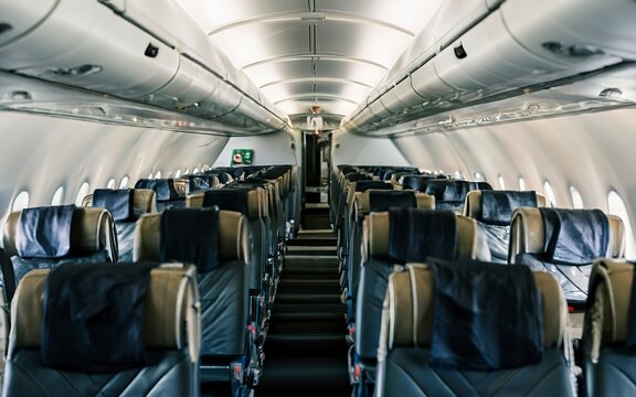 Close-up of a row of leather seats in an airplane cabin. Business trip concept