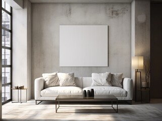 Living room wall poster mockup. Interior mockup with house background