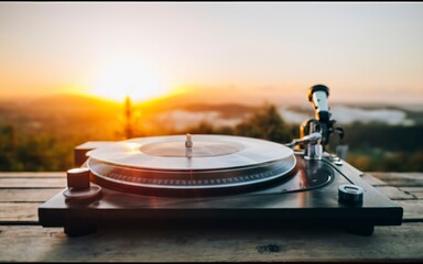 Close-up of turntable retro vinyl record player on wooden table against sunny sunset backdrop