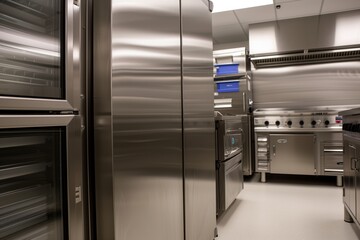 stainless steel industrial fridge in a commercial kitchen