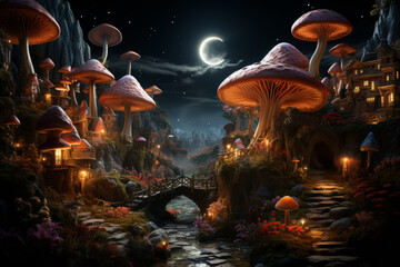An image of a fantastical garden where oversized, luminescent mushrooms cast a soft glow on the surrounding flowers, creating an enchanting and whimsical scene. Generative Ai.