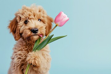 Cute little puppy dog with tulip flower in mouth on light blue background for Valentine's day or...