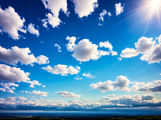 Beauty clear cloudy sky with fluffy clouds sunlight on clean background, cozy wallpaper. Panorama cloudscape of sky at sunshine, atmospheric backdrop. Design backgrounds concept. Copy ad text space