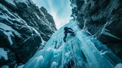 Cercles muraux Vert bleu Alpiniste en train d'escalader un mur de glace en montagne