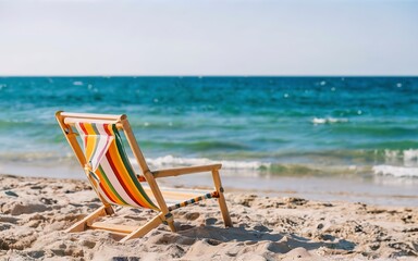 Fototapeta na wymiar Deck chair on the beach. Summer scene with sand. Enjoying the sea. Minimal composition