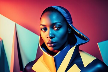 Vibrant illustration young African woman. Abstract myriad colors on background. Textured beauty of skin and the intricate patterns of headscarf, wearing a blue hoodie