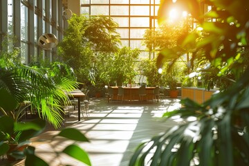 Beautiful trendy modern meeting room and business office surrounded by greenery on a warm, summer day with warm sun light. Eco working concept