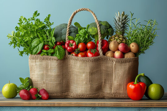 A captivating image of a reusable shopping bag filled with fresh produce, emphasizing the importance of eco-friendly choices in daily life. Concept of sustainable grocery habits. Generative Ai.