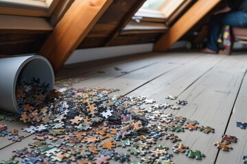 puzzles being solved on a spacious attic floor