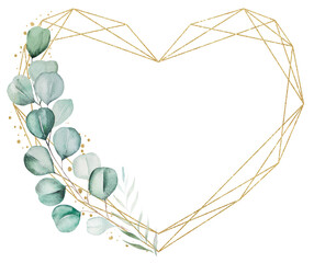 Golden heart frame with green and golden watercolor eucalyptus leaves, wedding illustration